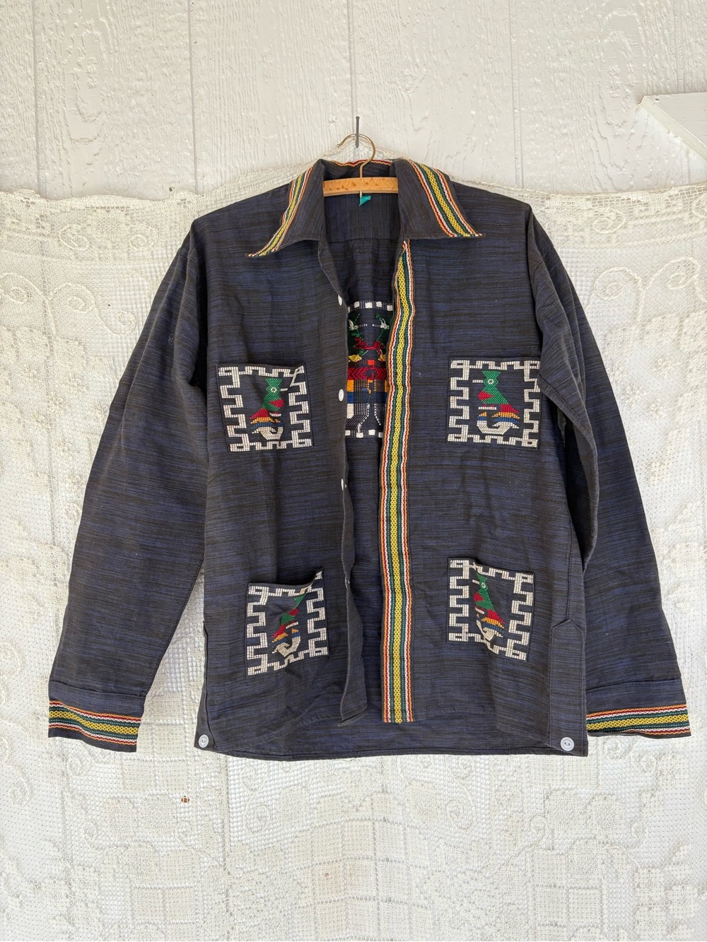Vintage Handwoven Dark Navy Embroidered Men's Shirt with Multicolor Trim